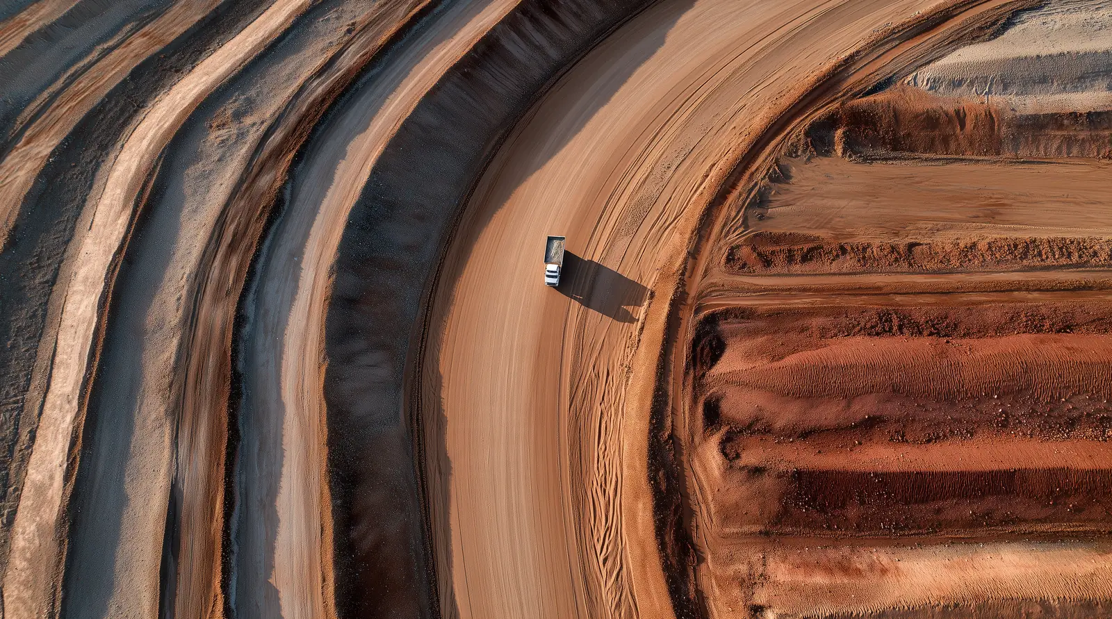 Looking straight down on haul roads and earthworks, one truck on the road